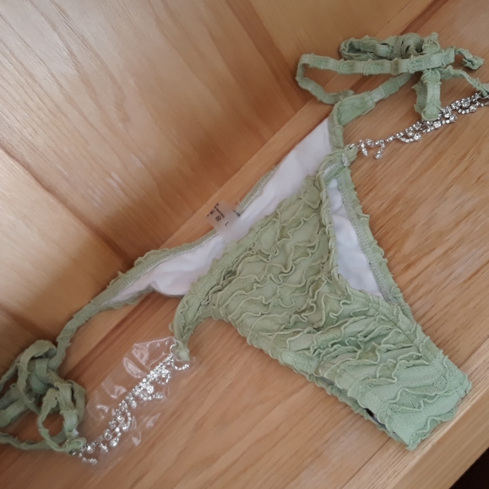Bikini Bottom w Dangling Rhinestone Tie Sides Brazilian Cut Ruffle Detail Large